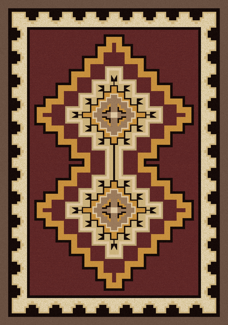 American Dakota Council Fire Red rug with cream and gold stepped diamond medallions on a deep red field