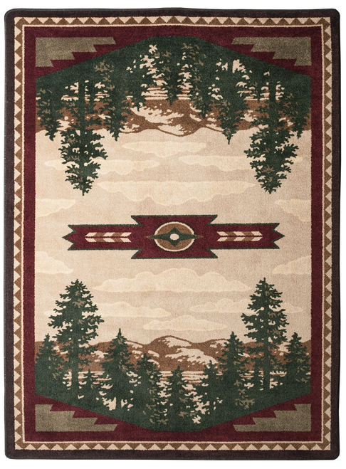 American Dakota Autumn Point Wine rug with evergreen and mountain scenes around a pale center and a wine-red border