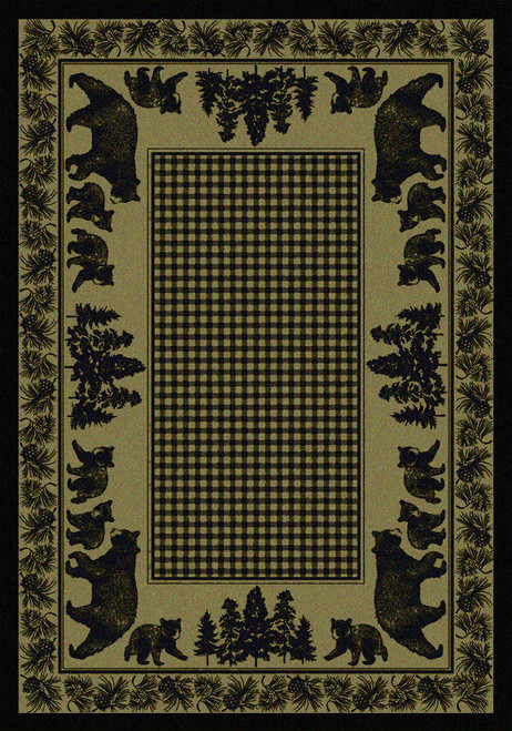 American Dakota Bear Family Green rug with black bears and evergreens around an olive checked center