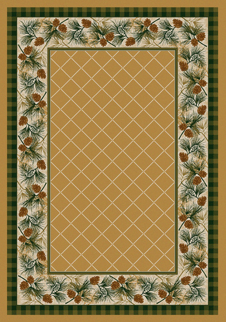 American Dakota Evergreen Maize rug with a golden tan lattice center and a light pine-branch and pinecone border