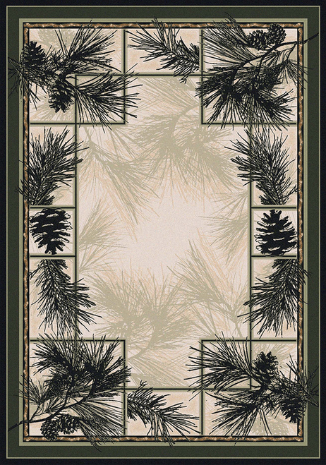American Dakota Noble Pines Natural rug with framed pine-needle and pinecone details around a pale textured center