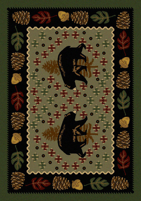 American Dakota Patchwork Bear Green rug with black bears, small geometric motifs and a dark leaf-and-pinecone border