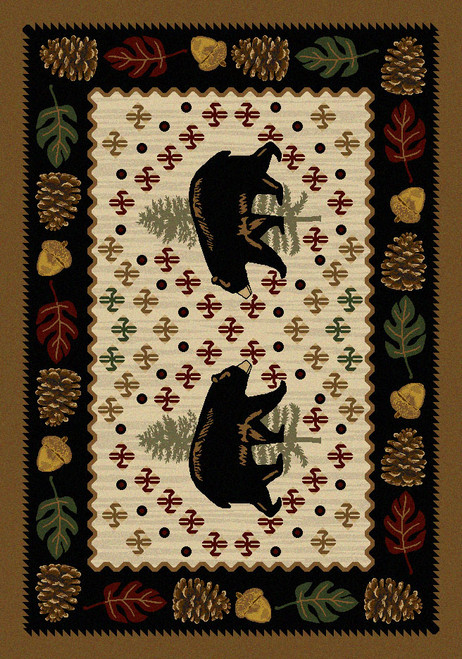 American Dakota Patchwork Bear Natural rug with black bears on a cream patterned field and a dark woodland border