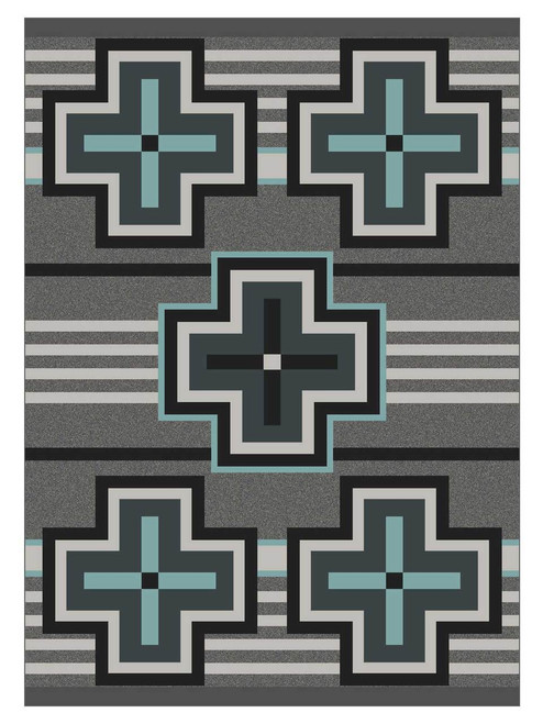 American Dakota Bounty Turquoise rug with muted turquoise, cream and dark outlined crosses across a gray striped field