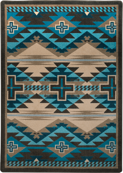 American Dakota Rustic Cross Turquoise Indigo rug with turquoise bands, dark crosses and large sandy diamond shapes