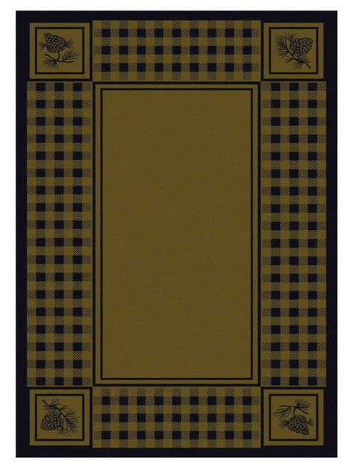 American Dakota Pine Refuge Green rug with an open olive center, dark checked border and small framed corner details