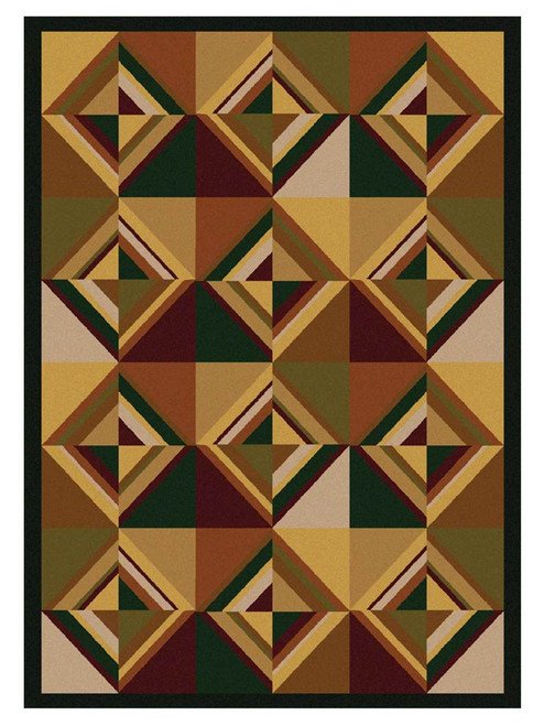 American Dakota Folk Lore Multi rug with interlocking triangles and quilt-like blocks in gold, rust, olive and cream