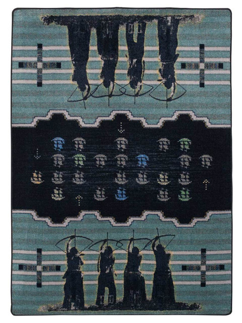 American Dakota Steven Paul Judd The Invaders Turquoise rug with small arcade-like figures, dark silhouettes and striped turquoise panels