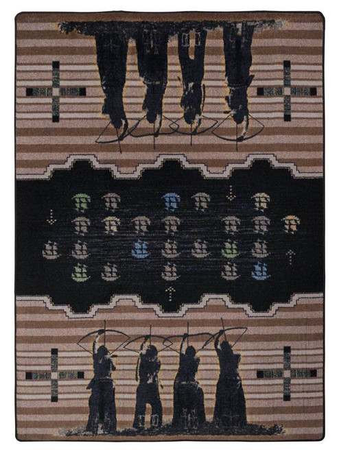 American Dakota Steven Paul Judd The Invaders Brown rug with silhouetted archers, small arcade-like figures and brown striped panels