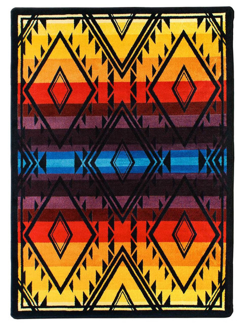 American Dakota Rainmaker Bright rug with dark diamond outlines over yellow, orange, red, purple and blue bands