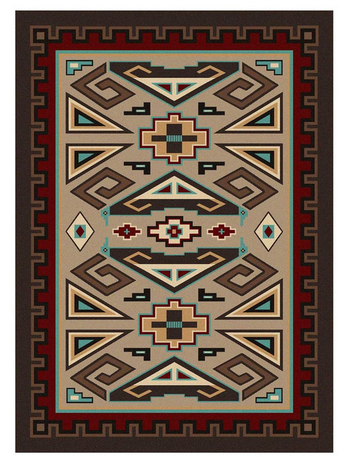 American Dakota Butte Southwest rug with turquoise-outlined geometry, stepped crosses and rust-red framing on a tan field