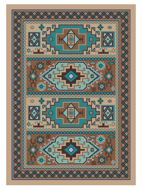 American Dakota Indigo Turquoise rug with turquoise medallions, tan-and-cream geometry and a layered patterned border