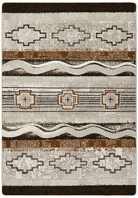 American Dakota Brand New Old School Earthenware rug with brushstroke-like neutral bands and outlined geometric motifs
