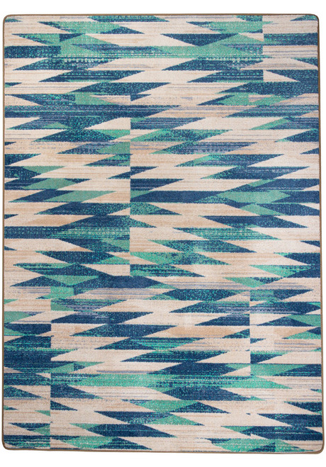 American Dakota Drum Beat Earth rug with interlocking jagged turquoise, blue and cream bands and lightly textured color