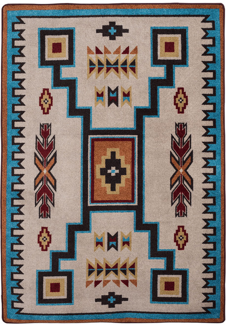 American Dakota Old Crow Rust rug with dark angular geometry, rust accents and turquoise framing on a pale field