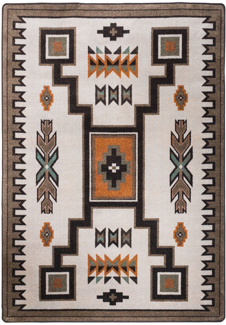 American Dakota Old Crow Worn Saddle rug with dark brown angular geometry and warm saddle accents on a cream field