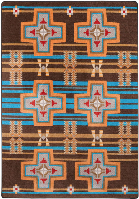 American Dakota Grand River Desert Rust rug with turquoise-and-orange outlined crosses and striped bands on warm brown