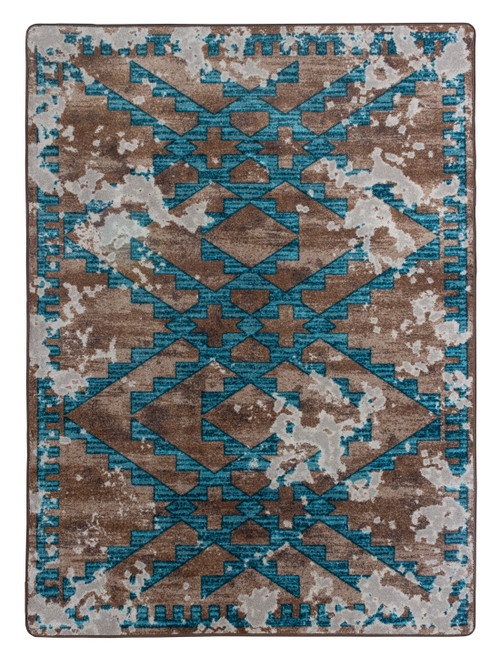 American Dakota Distressed Fresco Turquoise rug with weathered turquoise and brown angular geometry across a pale distressed field