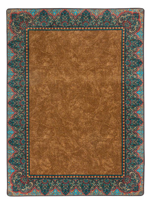 American Dakota Nubuck Cognac rug with a mottled cognac-brown center and turquoise, rust and dark ornamental border