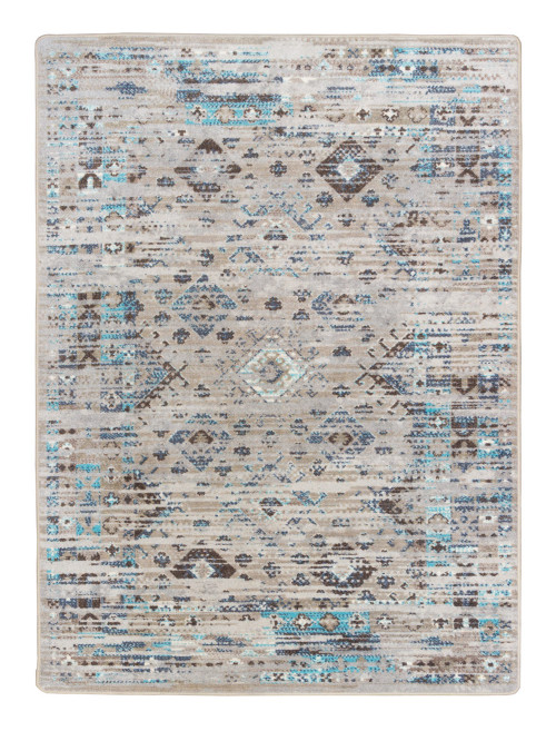American Dakota Redemption Distressed Tundra rug with faded gray, cream and muted turquoise diamond geometry