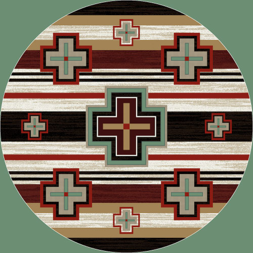 American Dakota Cross Roads Fuego round rug with large outlined crosses across cream, red and dark horizontal bands