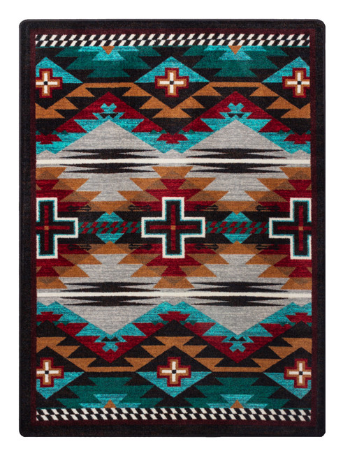 American Dakota Rustic Cross Electric rug with turquoise, orange and cream geometry, red-centered crosses and dark outlines