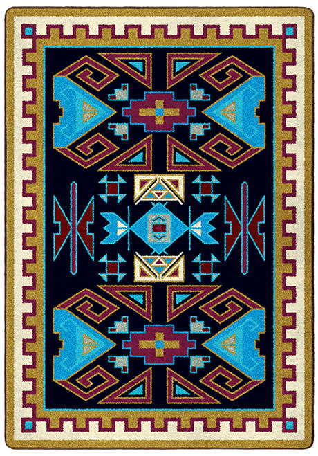 American Dakota Four Rams Copper rug with vivid turquoise geometry, copper and plum accents and a light stepped border on dark tones