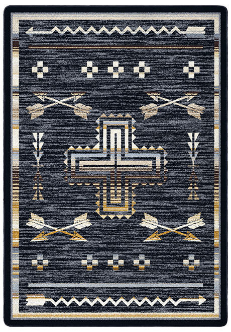 American Dakota Shoot Me Straight Natural rug with cream arrows and an outlined cross on a charcoal-striped field