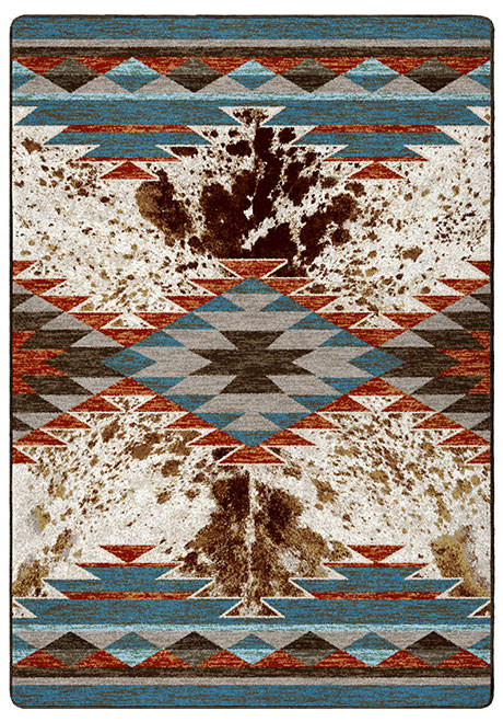 American Dakota Nova Cowhide Rancher rug with brown brindle-style patches and turquoise, rust and cream geometric bands
