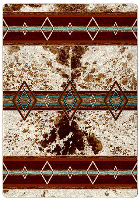 American Dakota Fire Hide True Western rug with brindle-style brown patches, deep red bands and turquoise-accented diamond outlines