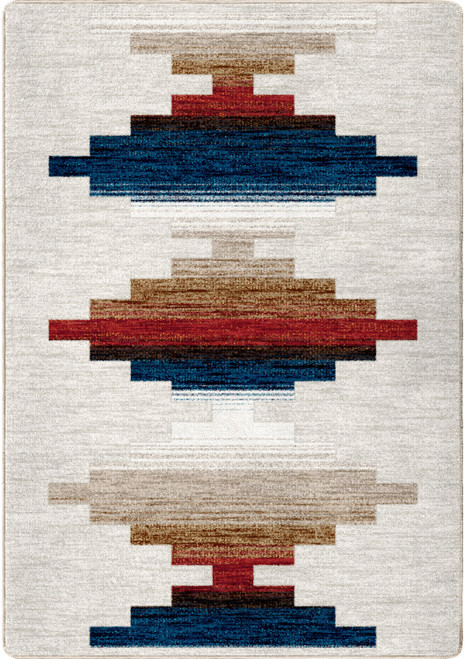 American Dakota Cedar Flats Southwest rug with broad stacked navy, rust-red and taupe stepped forms on a light field