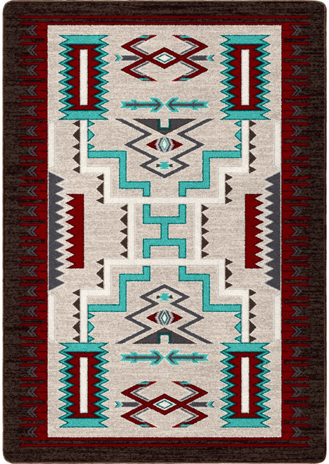 American Dakota Prairie Wind Turquoise rug with turquoise stepped outlines, fine dark geometry and rust-red accents on cream