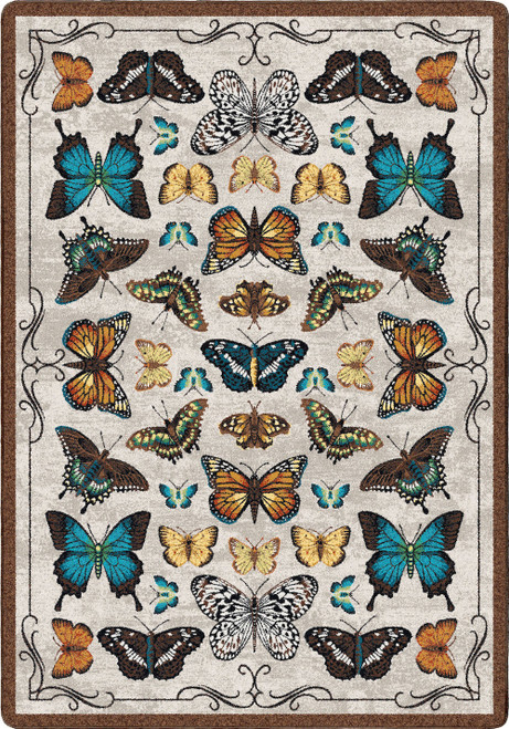 American Dakota English Collector Cabinet Butterfly Multi rug with rows of colorful butterflies and fine ornamental lines on a light ground