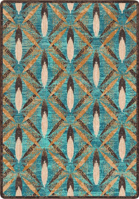 American Dakota Plumage Tropical Turquoise rug with interlocking turquoise, green, cream and gold leaf-like geometry