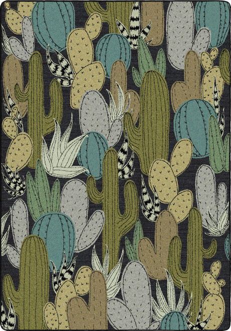 American Dakota Saguaro Dusk rug with layered stylized cacti in muted teal, olive, cream and gold on a dark ground