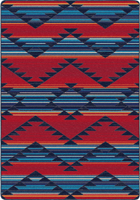 American Dakota Rumble Americana rug with red and blue zigzag bands, dark outlines and fine stepped stripe details