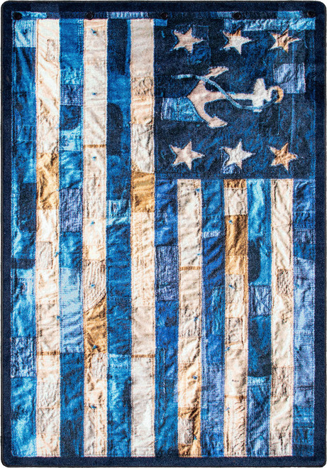 American Dakota Blue Jean Anchor Blues rug with distressed blue-and-cream flag-inspired stripes, stars and an anchor detail
