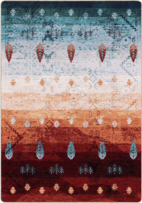 American Dakota Brushfire Autumnscape rug with small leaf-like motifs across weathered teal, cream, orange and deep red bands