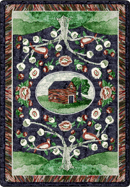 American Dakota Home Sewn Midnight rug with a central cabin oval, curling floral details and green accents on a dark field