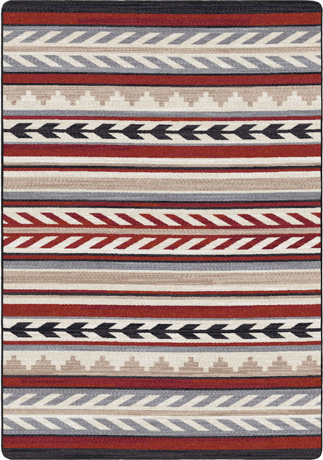 American Dakota Progression Red rug with narrow red, gray and cream bands and repeated dark arrow-like marks