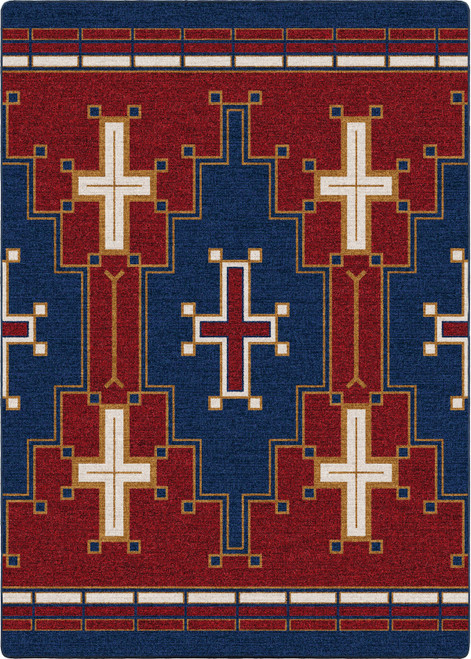 American Dakota The Crusade Crimson and Blue rug with cream-and-gold outlined crosses between crimson and deep blue panels