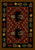 American Dakota Patchwork Bear Red rug with black bears on a red patterned field and a leaf, pinecone and acorn border