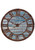 American Dakota It's About Time Blue round rug with dark Roman numerals and clock hands over a weathered blue plank effect