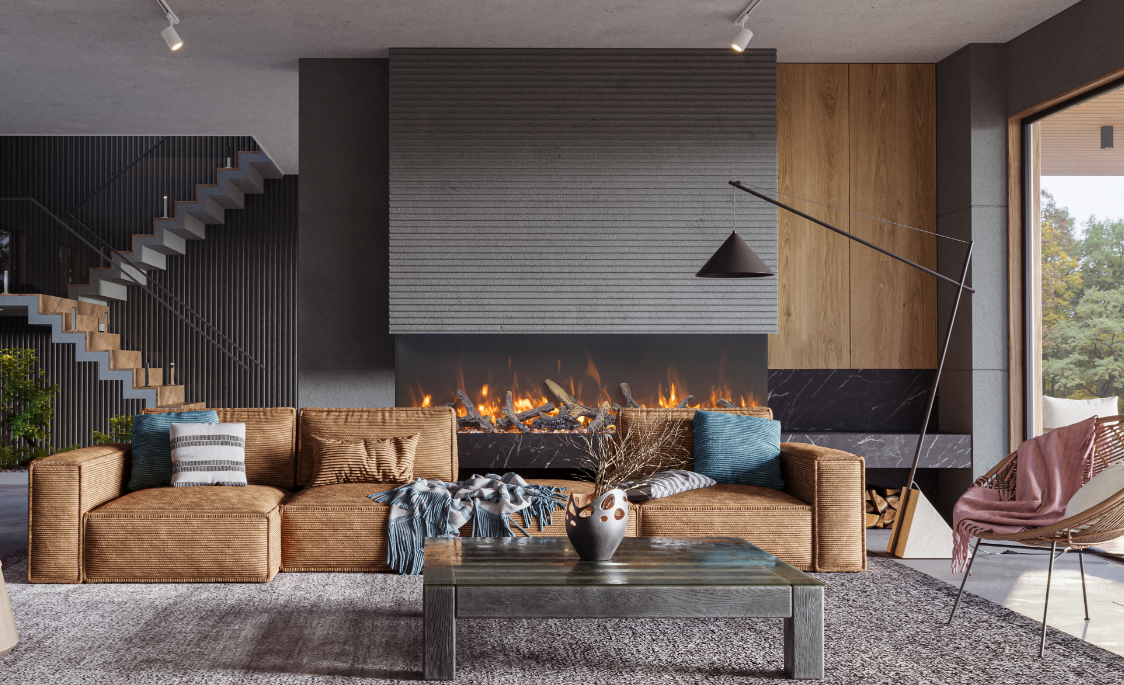 Amantii Tru View Bespoke 65" 3-Sided Built-In Electric Fireplace in Living Room