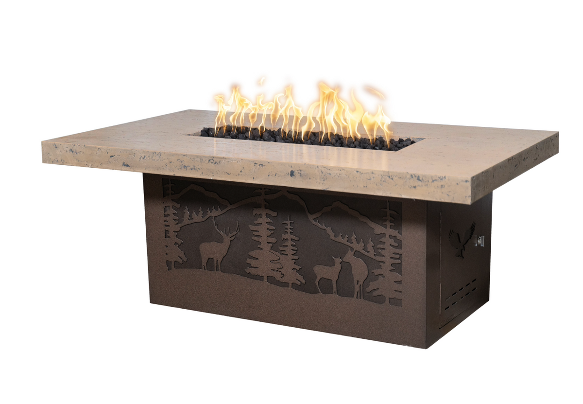 The Outdoor Plus Outback 60" Fire Table, Deer Country Design with GFRC Top and Powder Coated Base, Match Lit with Flame Sense - OPT-OBDC6036PCFSML