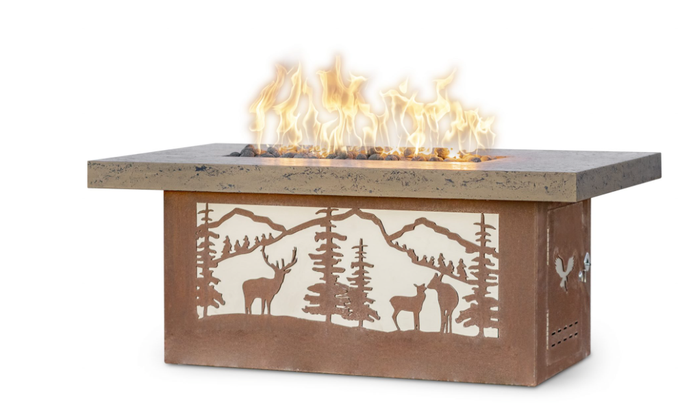 The Outdoor Plus Outback 60" Fire Table, Deer Country Design with GFRC Top and Corten Steel Base - OPT-OBDC6036CS