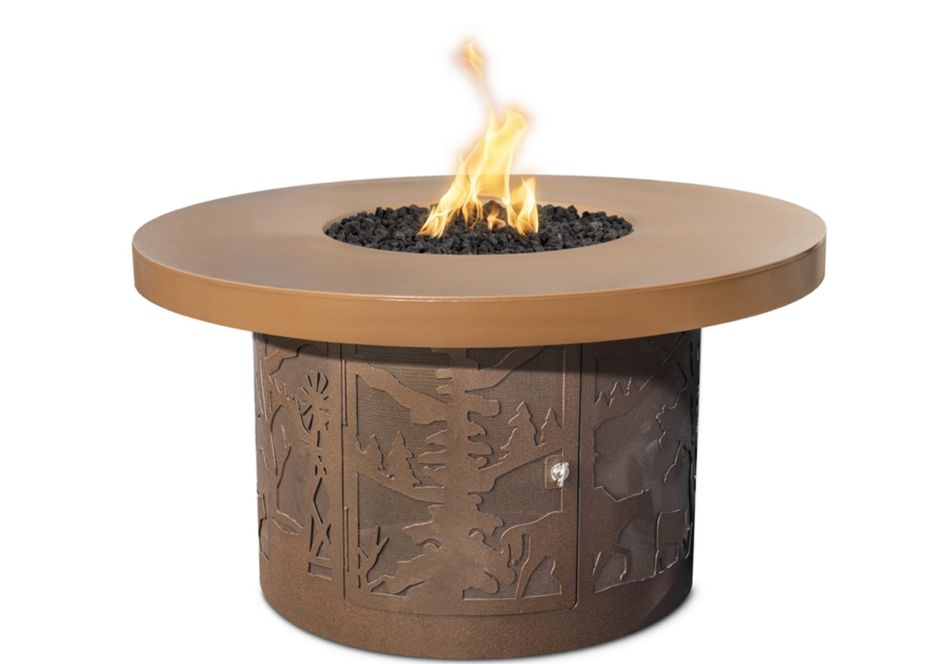 The Outdoor Plus Outback 46" Round Fire Table, Cattle Ranch Design with GFRC Top and Powder Coated Base, Match Lit with Flame Sense  -  OPT-OBRCR46FSML