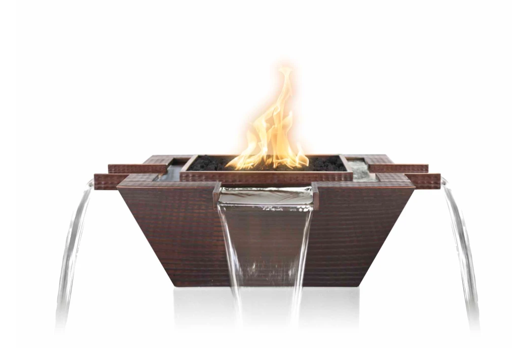 The Outdoor Plus Maya 30" Fire & Water Bowl, Hammered Copper 4 Way Spill - OPT-30FW4W