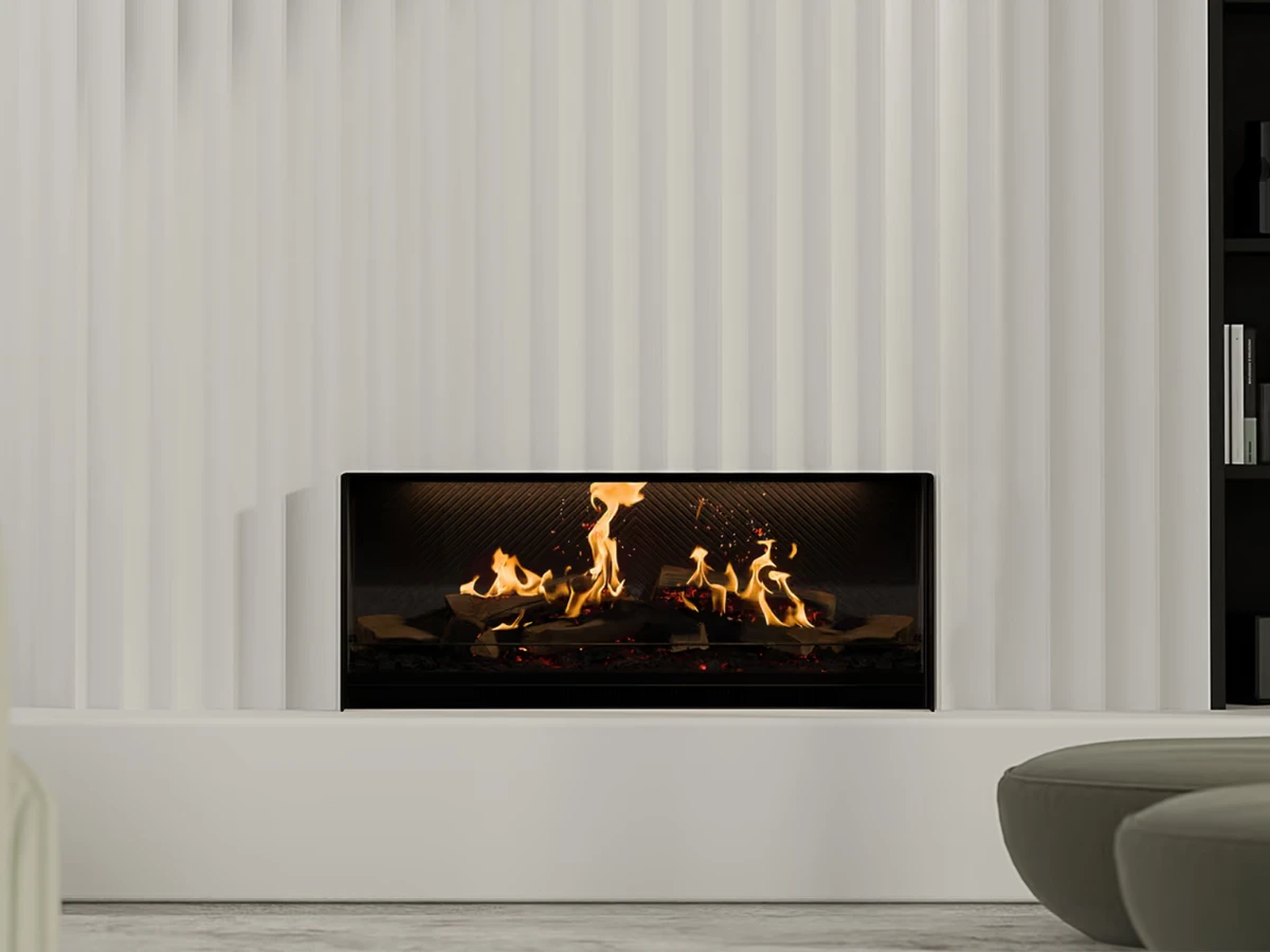 Escea LE1000 40" Holographic Linear Electric Fireplace with Log Set | Mod Living Spaces