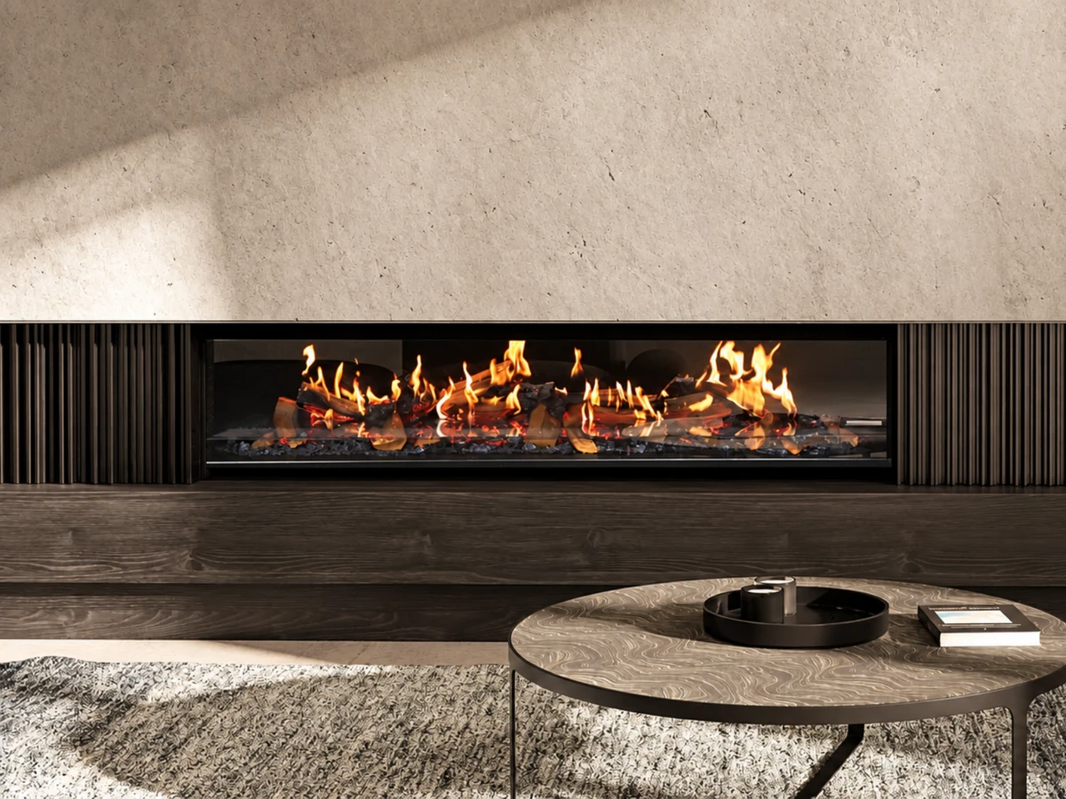 Escea LE1750 70" Holographic Linear Electric Fireplace with Logs | Mod Living Spaces
